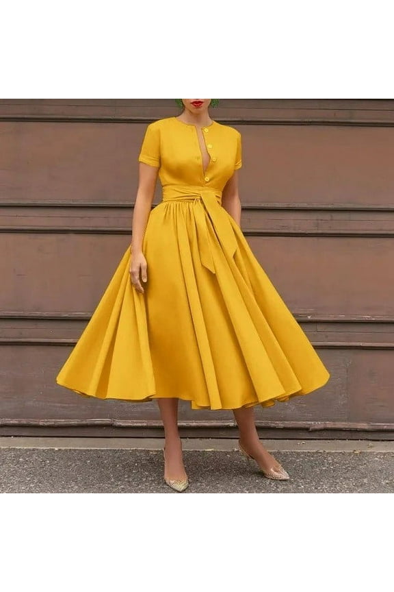 Womens Dresses Yellow Midi Dresses Summer Crew Neck Solid Color Wrinkle Dress Cotton Sundress
