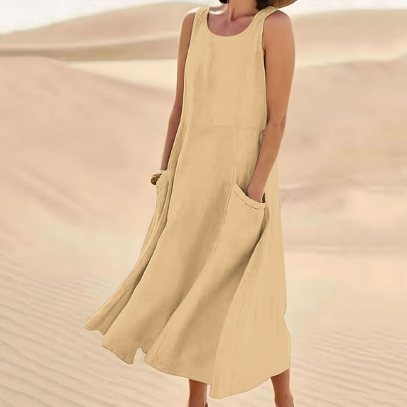 POTETI Womens Dresses Midi Summer Sleeveless Sundresses Long Cotton Linen Tank Dresses