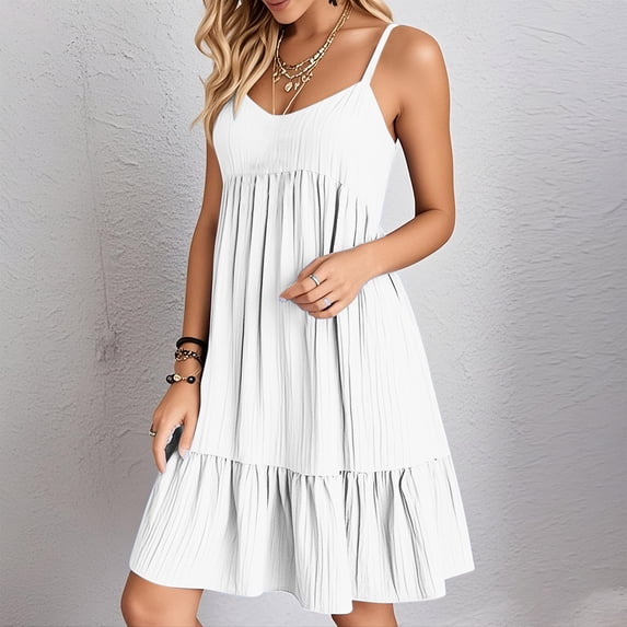 POTETI Womens Dresses Party Dress Sleeveless Solid Color Strap V-Neck Dress Sun Dresses for Juniors