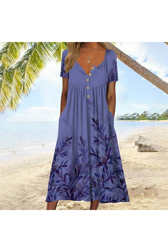 Womens Dresses Purple Beach Dresses for Women Summer Printing Causal V-Neck Button Short Sleeve Vacation Pockets Dress Mini Sundresses for Women
