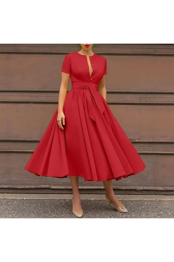 Womens Dresses Red Mini Dresses for Women Summer Crew Neck Solid Color Wrinkle Dress Womens Sundresses
