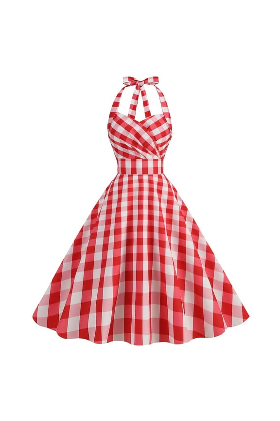 Womens Dresses Red Shirt Dresses V-Neck Sleeveless Dress Checkered Print Hanging Neck Dress Long Sundresses