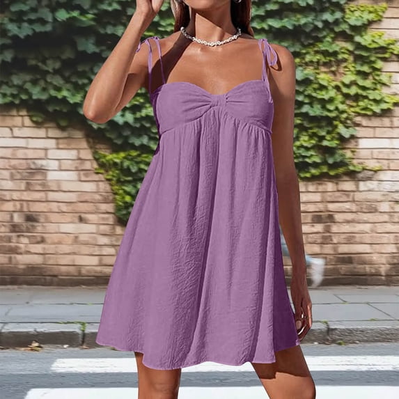 POTETI Womens Dresses Sleeveless Cotton Mini Sundresses for Women Casual Solid Color Strap Club Party Dresses