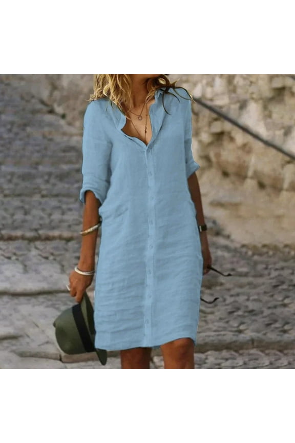 Womens Dresses Summer Light Blue Midi Dresses for Women Casual Spring Summer Short Sleeve V-Neck Mid-Calf Dress Plus Size Sundress