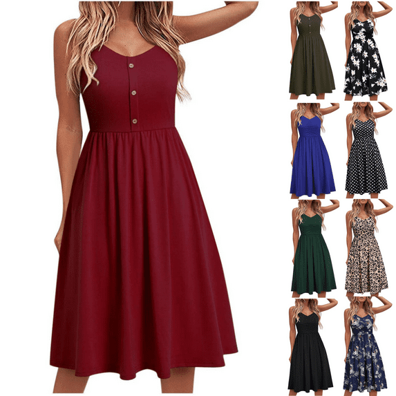 POTETI Womens Dresses Summer Red Floral Dress Button Summer Seaside Sling Sleeveless V-Neck Solid Color Casual Dress Sun Dresses for Juniors