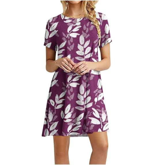 POTETI Womens Dresses Under $10 Purple Plus Size Dresses Casual Color-Blocking Printed Short-Sleeved Crew-Neck Dress Women's Sundresses