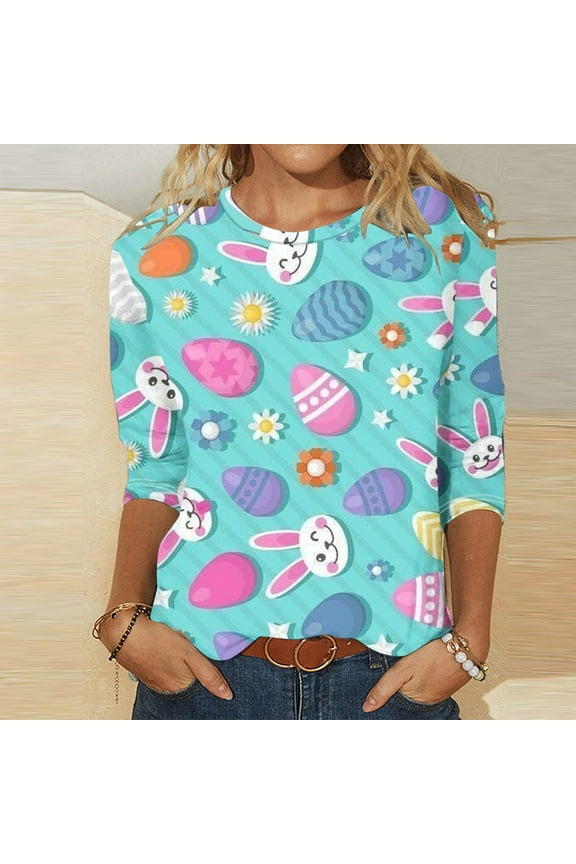 Womens Easter Shirt,Womens Bunny Egg Summer 3/4 Sleeve Crew Neck Graphic Tees for Women