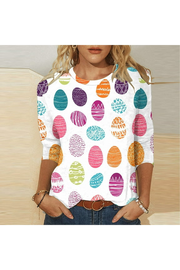 Womens Easter Tee Shirts,Ladies New Fashion Summer Clothes Bunny Eggs Graphic Long Sleeve Crew Neck Well-made Women Tops