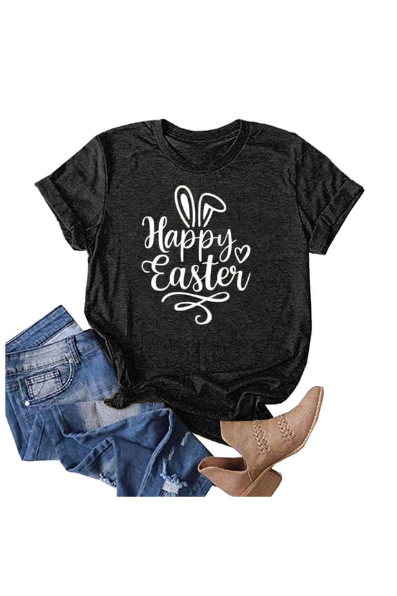 Womens Easter Tops Rabbit Happy Easter Print Womens T Shirts Summer Crew Neck Short Sleeve Tops