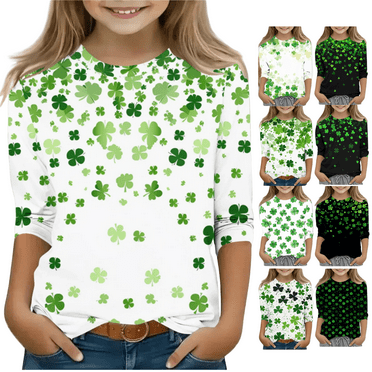 POTETI Womens Funny St Patricks Day Shirt,Girls Short Sleeve Crew Neck Clover Print T-shirt Tops