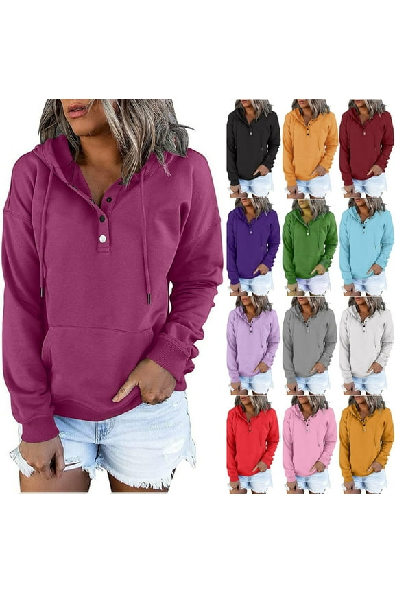 Womens Hoodies Pullover Casual Long Sleeve Button Hooded Sweatshirts Solid Pullover Tops
