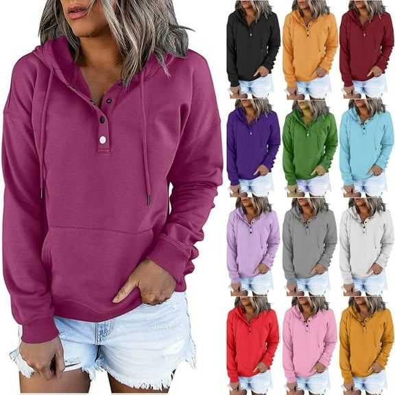POTETI Womens Hoodies Pullover Casual Long Sleeve Button Hooded Sweatshirts Solid Pullover Tops