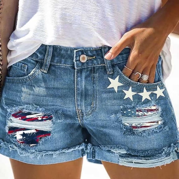 POTETI Womens Jean Shorts Denim Mid Rise Womens Shorts Blue Distressed Ripped with Pockets Independence Day American Flag Graphic Casual 4th of July Shorts