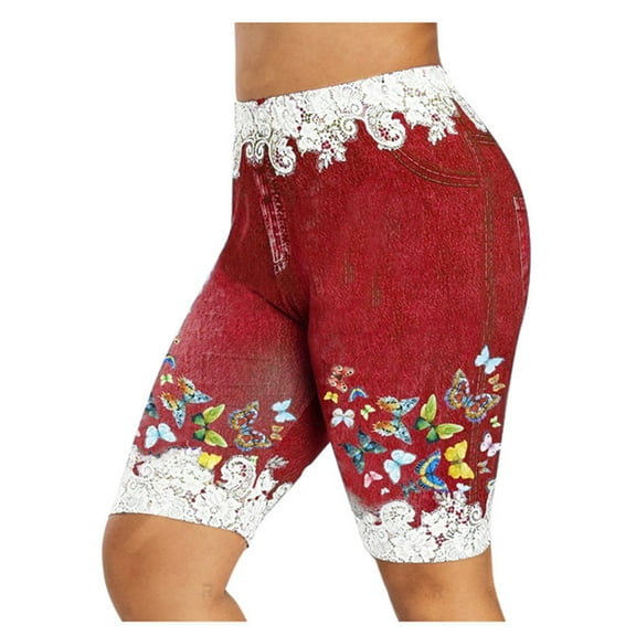 POTETI Womens Jean Shorts High Waisted Denim Shorts for Women Wine Slim Print Hip Warp with Pockets Legging Shorts