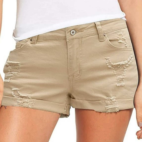 POTETI Womens Jean Shorts Mid Rise Denim Womens Shorts Plus Size Khaki Stretchy with Pockets Casual Solid Distressed Ripped Button Shorts