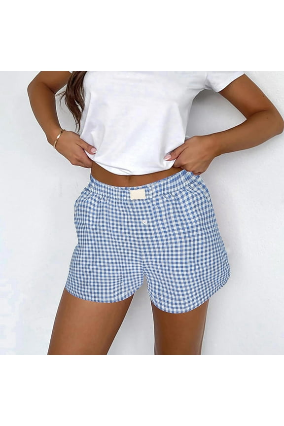 Womens Pull on Shorts High Waisted Flat Front Women Plus Shorts Light Blue Plaid Casual Elastic Waist Cotton Blend Shorts