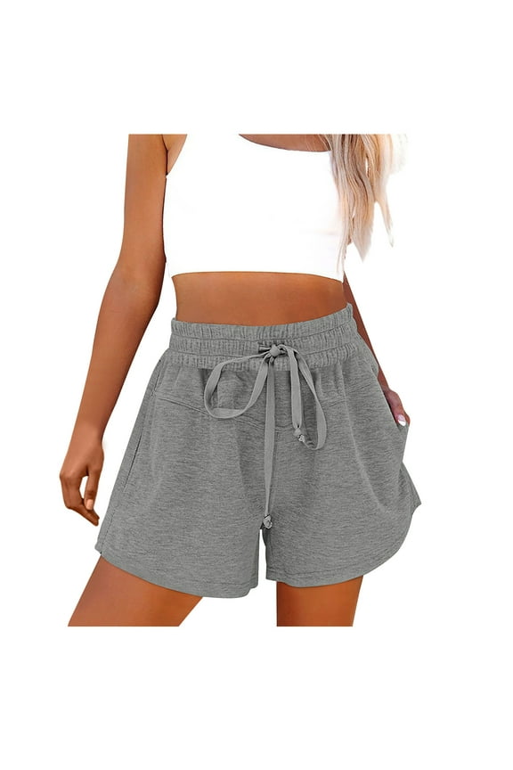 Womens Running Shorts Wide Leg High Waisted Womens Shorts Gray Drawstring Casual Flat Front Solid with Pockets Shorts