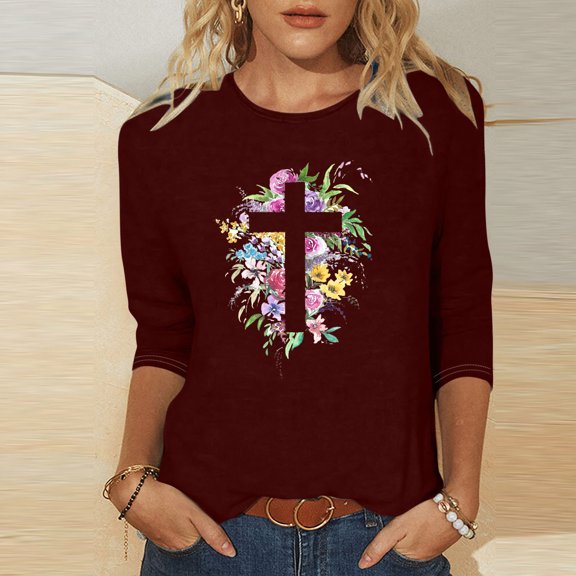 POTETI Womens Shirts Active Winter Casual Printed T-shirt 3/4 Sleeves Blouse Round Neck Casual Wine Blouse for Girls