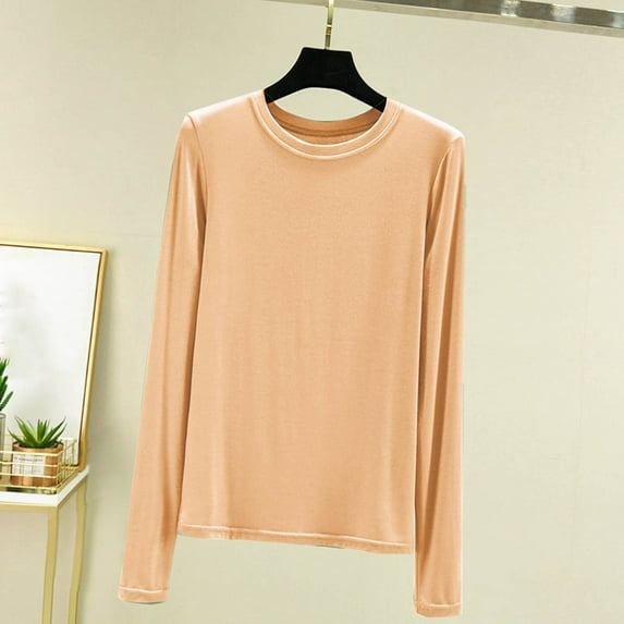 POTETI Womens Shirts Active Winter Casual Round Neck Internal Construction Solid Color Shirt Long Sleeve Beige Blouse for Women Plus Size