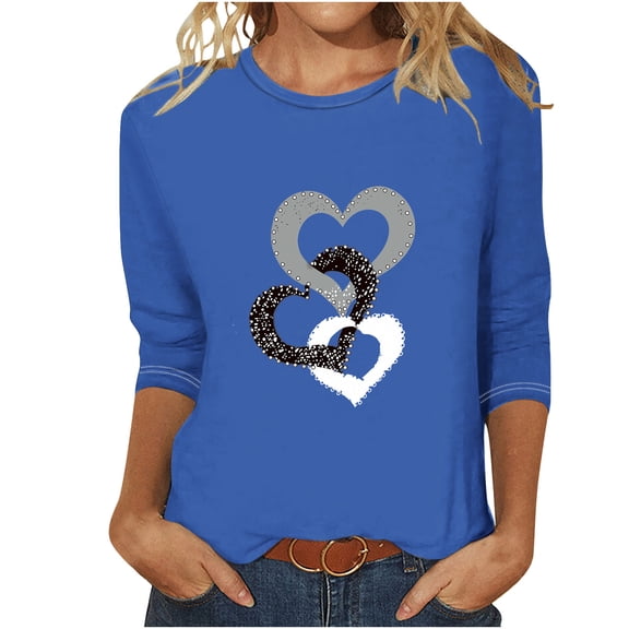 POTETI Womens Shirts Basic Winter Casual Printed T-shirt 3/4 Sleeves Blouse Round Neck Casual Blue Blouse for Juniors