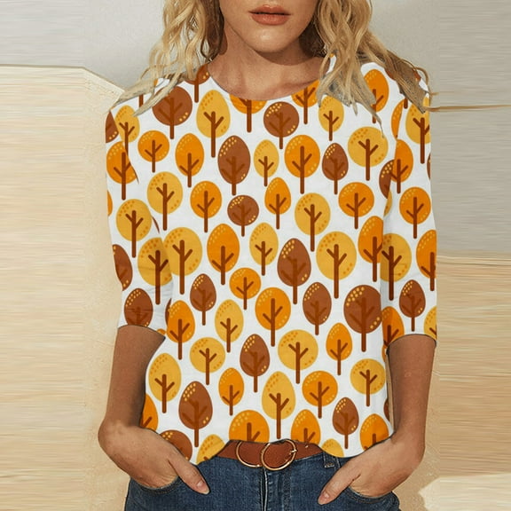 POTETI Womens Shirts Basic Winter Casual T-shirt Mid-length 3/4 Sleeves Blouse Round Neck Casual Yellow Blouse for Women