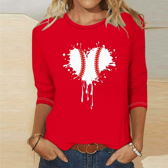POTETI Womens Shirts Blouses Winter Casual Printed T-shirt 3/4 Sleeves Blouse Round Neck Casual Red Blouse and Tops for Women