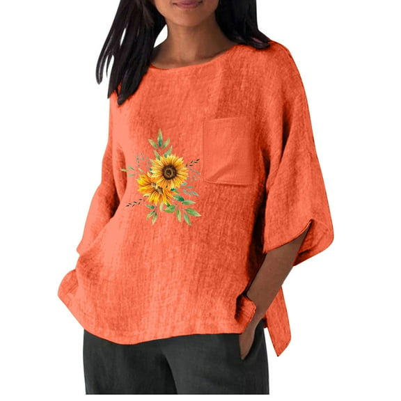 POTETI Womens Shirts Going Out Winter Casual Cotton And Linen Printing Shirt 3/4 Sleeve Round Neck Oversized Pocket T-shirt Loose Casual Shirt Lightweight Orange Blouse for Women