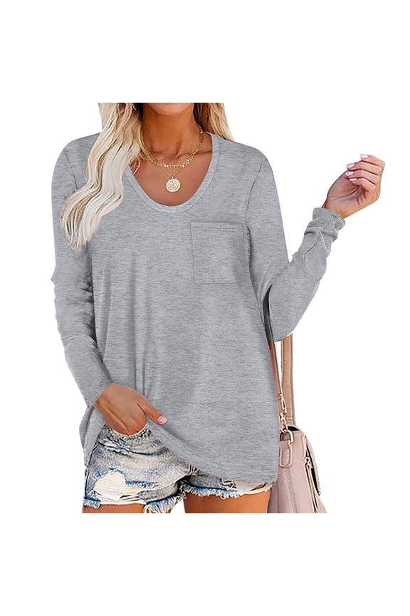 Womens Shirts Henley Winter Casual Round Neck Long Sleeve Loose T-Shirt Blouse Pocket Gray Blouse for Juniors