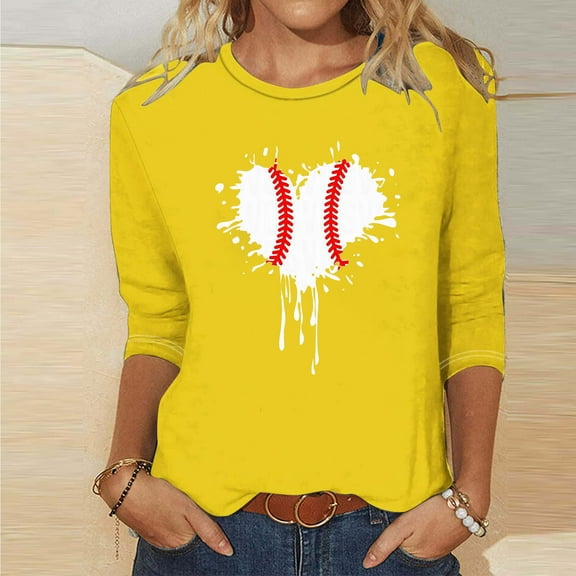 POTETI Womens Shirts Jackets Winter Casual Printed T-shirt 3/4 Sleeves Blouse Round Neck Casual Yellow Womens Blouses