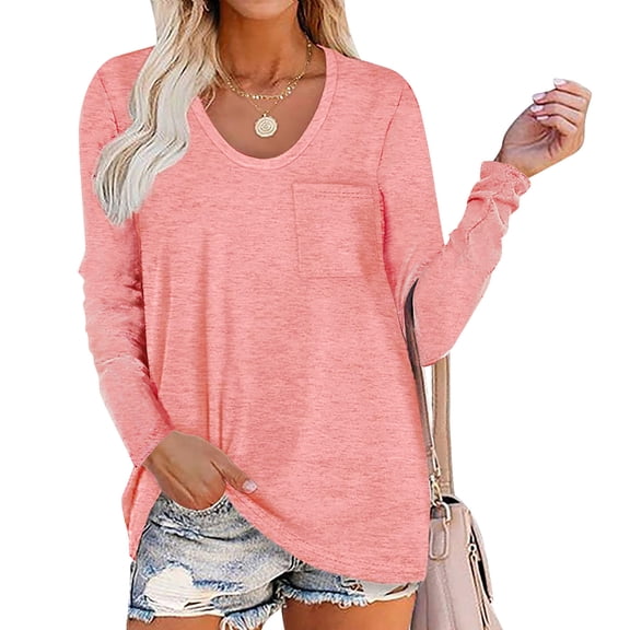 POTETI Womens Shirts Relaxed Fit Winter Casual Round Neck Long Sleeve Loose T-Shirt Blouse Pocket Pink Womens Blouses and Tops
