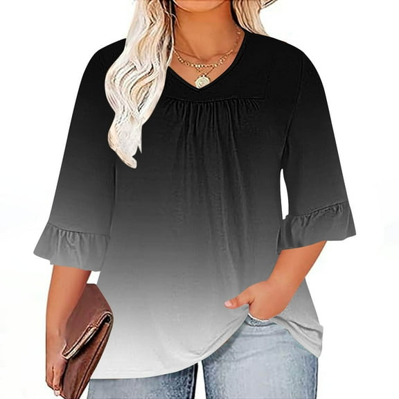 POTETI Womens Shirts Tank Tops Winter Casual Plus Size 3/4 Ruffled Sleeve Shirt Casual V-neck Pleated T-shirt Loose Fitting Shirt Black Womens Blouses