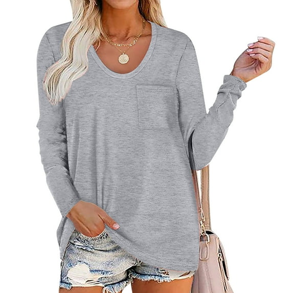 POTETI Womens Shirts for Winter Winter Casual Round Neck Long Sleeve Loose T-Shirt Blouse Pocket Gray Blouse for Women Plus Size