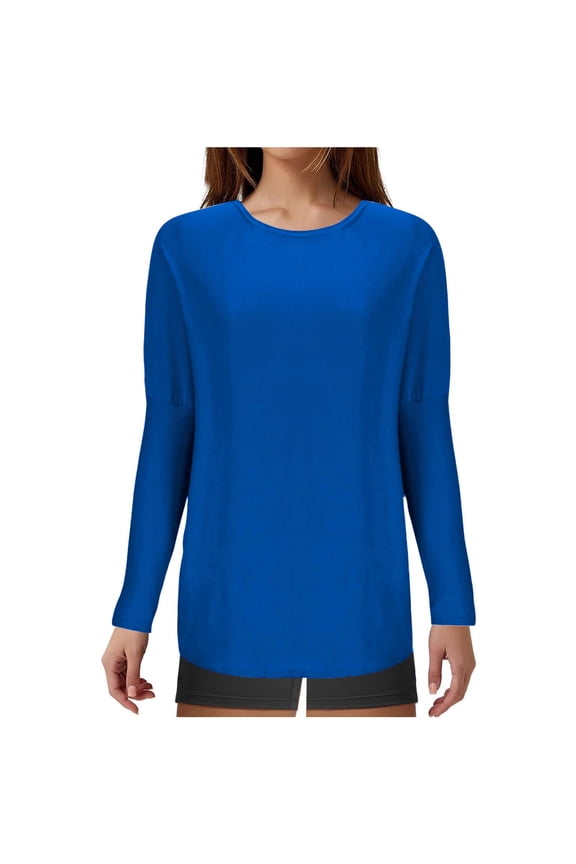 Womens Shirts for Work Winter Casual Color Handcuffed Long Sleeved Round Neck T-shirt Blue Blouse for Juniors