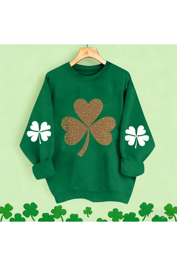 Womens St Patricks Day Shirts Long Sleeve Crew Neck Clover Sweatshirts Tops