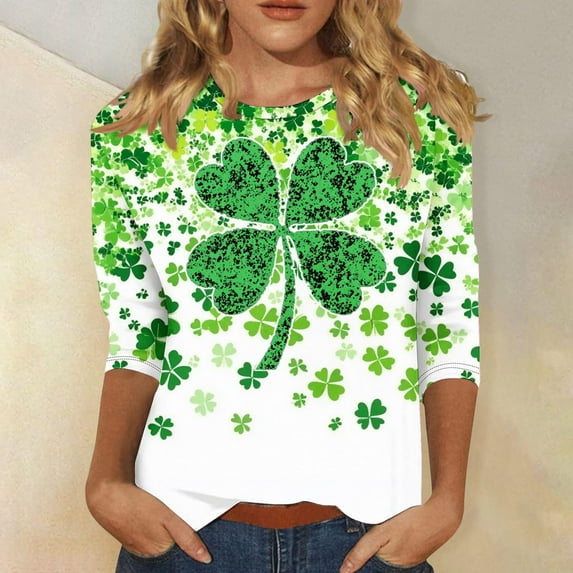 POTETI Womens St Patricks Day Clover 3/4 Sleeve Crew Neck Shirt Tops