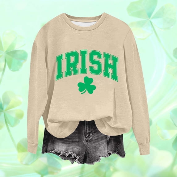 POTETI Womens St. Patricks Day Shirt,Female Long Sleeve Crew Neck Ireland Clover Print Sweatshirts Tops