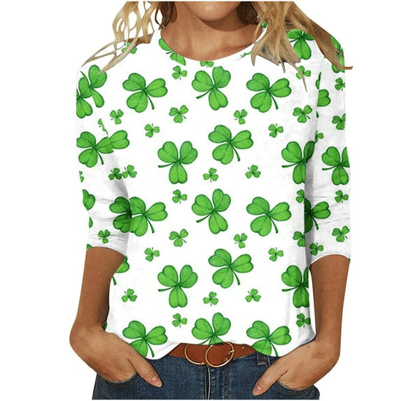 POTETI Womens St Patricks Day Shirt Shamrock 3/4 Sleeve Crew Neck Shirt Tops
