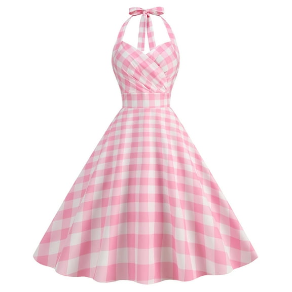 POTETI Womens Summer Dresses Pink Sweater Dresses V-Neck Sleeveless Dress Checkered Print Hanging Neck Dress Boho Maxi Dresses