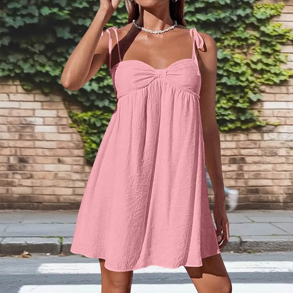 POTETI Womens Summer Dresses Solid Color Sleeveless Sun Dresses for Women Casual Strap Knee Length Party Mini Club Dresses