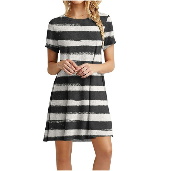 POTETI Womens Summer Dresses White Vintage Dress for Women Casual Color-Blocking Printed Short-Sleeved Crew-Neck Dress Sundress with Pockets