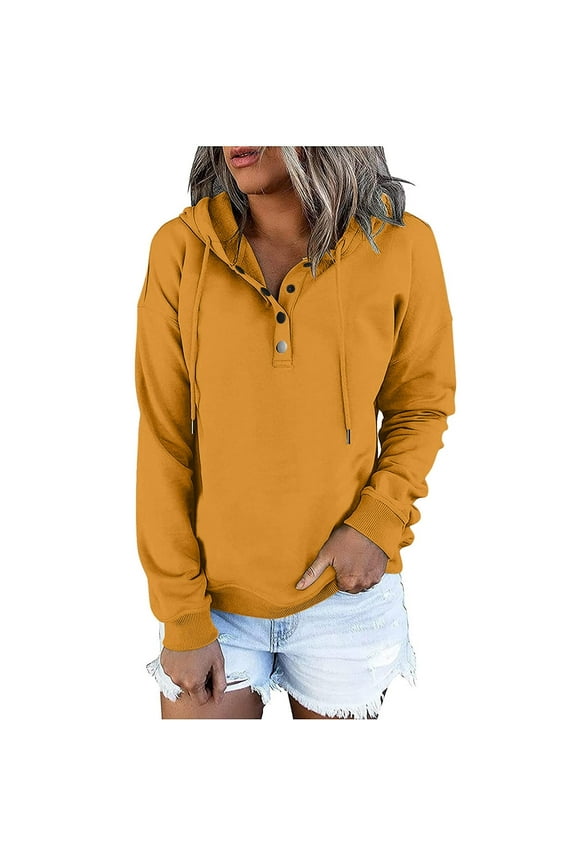 Womens Sweatshirts Lightweight Henley Hoodies for Women Casual Long Sleeve Button Solid Color Comfortable Pullover Tops,Yellow XL