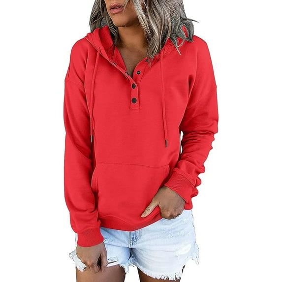 POTETI Womens Sweatshirts Lightweight Henley Hoodies for Women Casual Long Sleeve Button Solid Color Comfort Pullover Tops,Red S