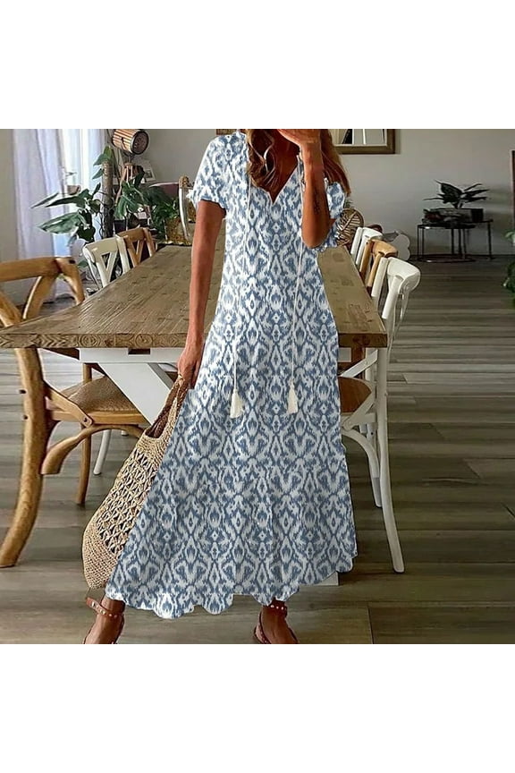 Womens dresses Casual Short Sleeve Vacation Midi Dresses Fashion V-neck Printed Flowy Long Dresses