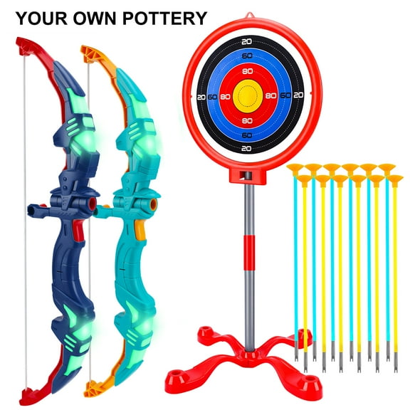 YOUR OWN POTTERY 2 Pack Bow and Arrow Set Toy for Kids with LED Flash Lights and 12 Suction Cup Arrows, Standing Target, for 3-12 Years Old Kids, Blue and Green