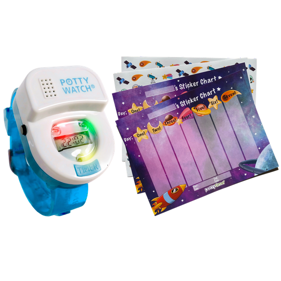 POTTY TIME: Blue Watch & Sticker Set | Water Resistant, Toilet Training Aid, Warranty Included. (Automatic Timers Plays Music & Flashing Lights for Fun Reminders), Blue + Space Sticker Chart Kit