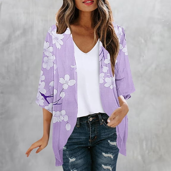 POUNOO Womens Floral Stripe Kimono Cardigans Loose Fit Open Front Half Sleeve Casual Tops Beach Cover Up Style Gift