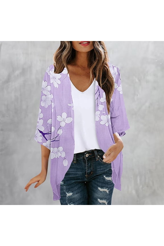Womens Floral Stripe Kimono Cardigans Loose Fit Open Front Half Sleeve Casual Tops Beach Cover Up Style Gift