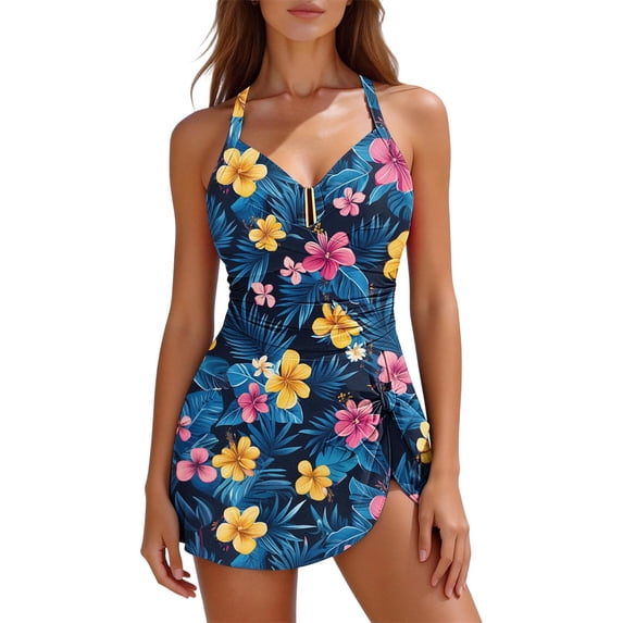 POUNOO Womens Floral Swimdresses Slim Fit Halter Neck Floral Print Ruched Detail Skirted Bottom Bathing Suits Beach Style One Piece Swimsuits Gift