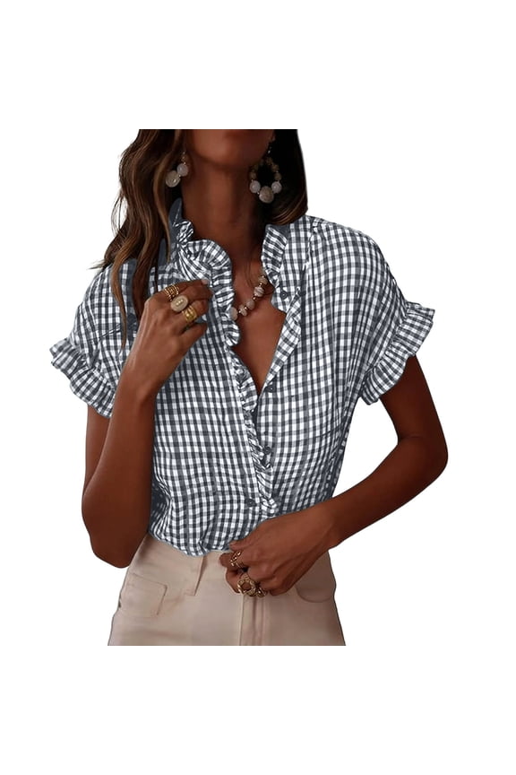 Womens Gingham Ruffle Shirts Loose Fit V Neck Ruffle Collar Gingham Print Casual Tops Office Style Blouses Gift