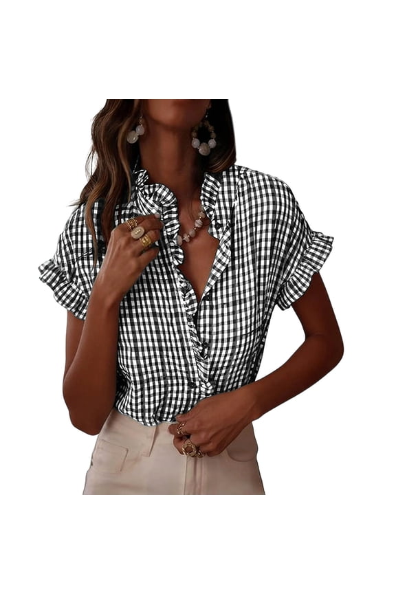Womens Gingham Ruffle Shirts Loose Fit V Neck Ruffle Collar Gingham Print Casual Tops Office Style Blouses Gift